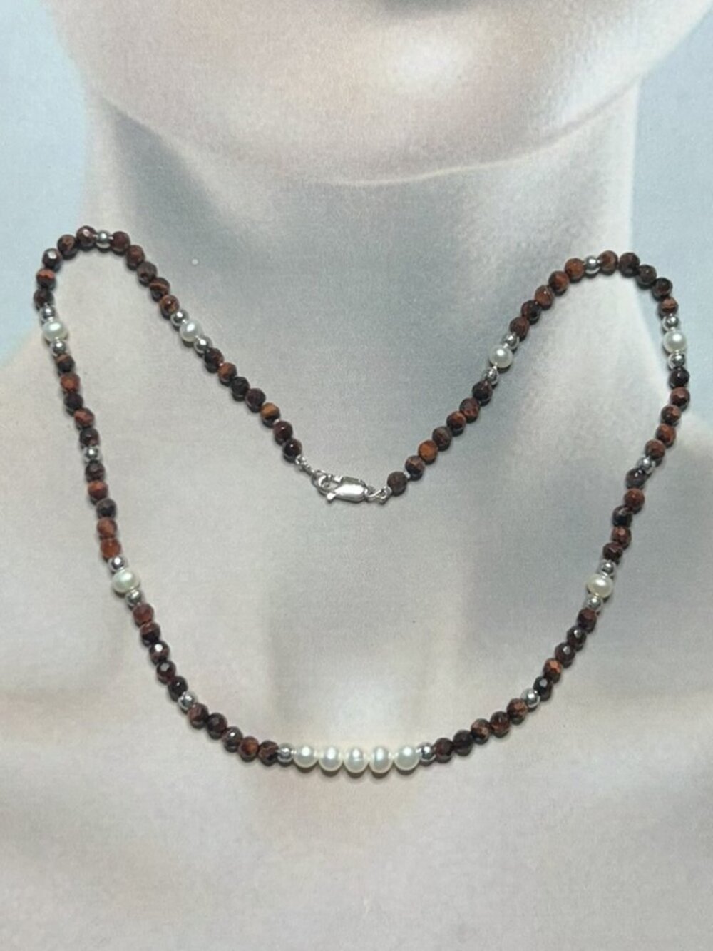 Faceted Burnet Red Tiger-Eye Beads and Freshwater Pearls Necklace.